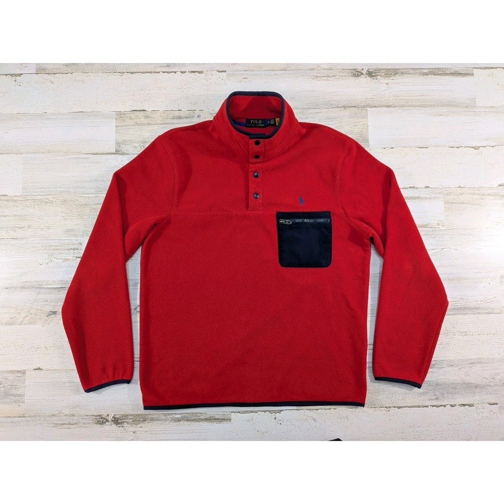 Polo Ralph Lauren Mens Medium Red Fleece Mockneck Snap T Pullover